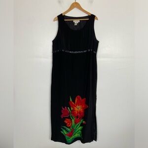 Diane Gilman Silk 90s Y2K Maxi Dress Size 1 X Black Sequined Tulip Flower Art
